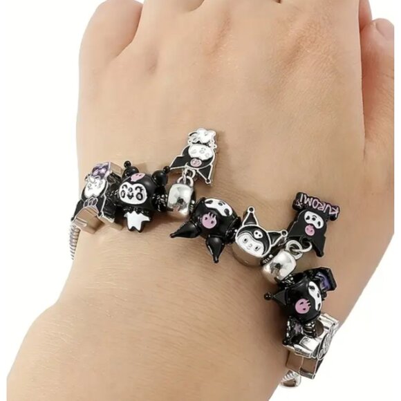 Kuromi Charm Bracelet Inspired Black & Silver Beaded Bracelet Edgy Jewelry Gift - Picture 3 of 3